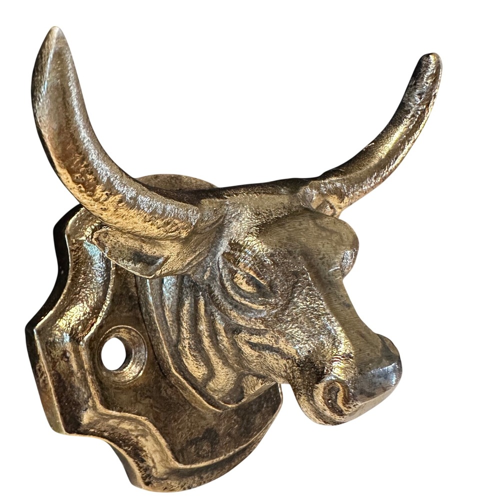 Vintage Style Cast Metal Bull Head Wall Hook Rustic Western Steer Brass Tone
